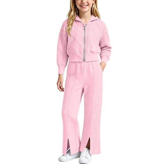 Gytharion Girls 2PC Cable Knit Sweater Sets for Fall and Winter Warm Full Zip Hooded Sweatsuits Long Sleeve Zip Up Cropped Jacketss with Elastic Waist Front Slit Flare Pants Outfits,1Y-15Y