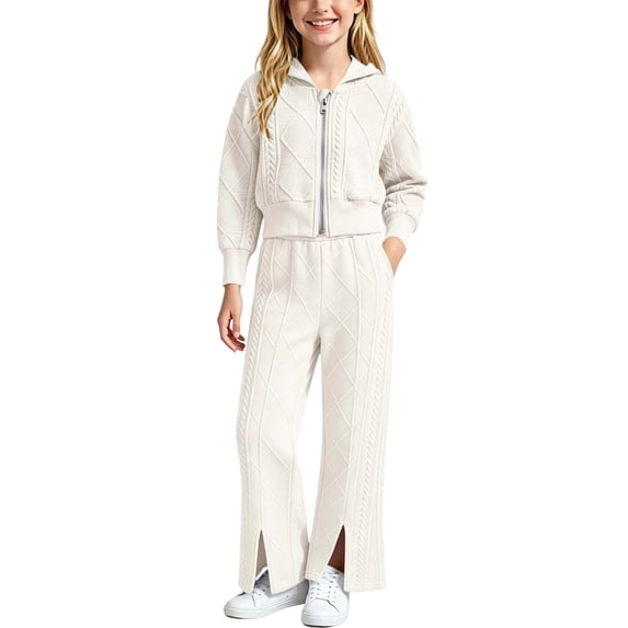 Gytharion Girls 2PC Cable Knit Sweater Sets for Fall and Winter Warm Full Zip Hooded Sweatsuits Long Sleeve Zip Up Cropped Jacketss with Elastic Waist Front Slit Flare Pants Outfits,1Y-15Y