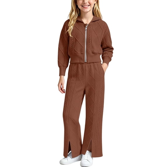 Gytharion Girls 2PC Cable Knit Sweater Sets for Fall and Winter Warm Full Zip Hooded Sweatsuits Long Sleeve Zip Up Cropped Jacketss with Elastic Waist Front Slit Flare Pants Outfits,1Y-15Y