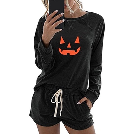 Gytharion Halloween Pajama Sets for Women Long Sleeve Crew Neck Pumpkin Print Sleepwear and Shorts 2 Piece Pjs Set Loose Comfy Loungewear Set with Pockets