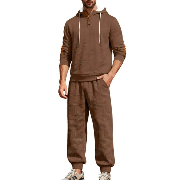 Gytharion Hooded Sweatsuits for Men 2 Piece Sportwear Outfits Solid Casual Long Sleeve Button Drawstring Hoodie and Jogger Sweatpants Sets Loose Comfy Jacquard Tracksuit Sets