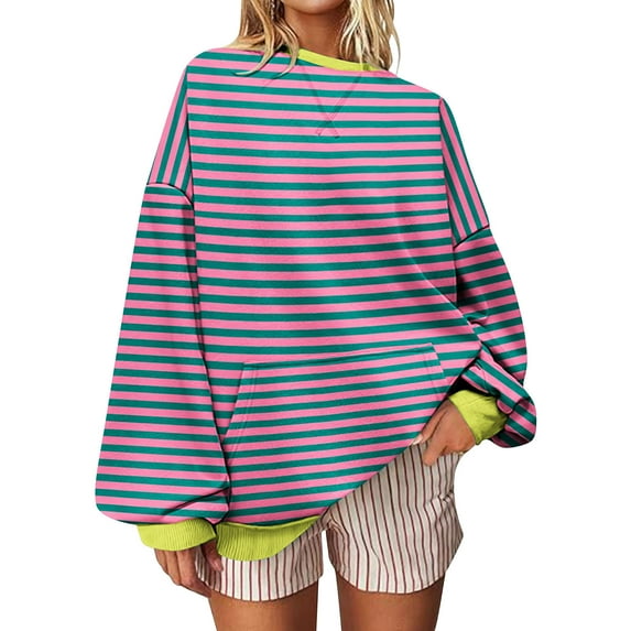 Gytharion Hoodless Sweatshirts for Women Fall Loose Comfy Long Sleeve Crew Neck Blouse Fashion Casual Stripe Printed Drop Shoulder Pullover Tops