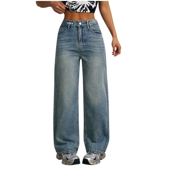 Gytharion Jeans for Women Baggy Comfy Wide Leg Denim Pants Trendy Stretch Button Zipper High Rise Jeans with Slanted Pockets