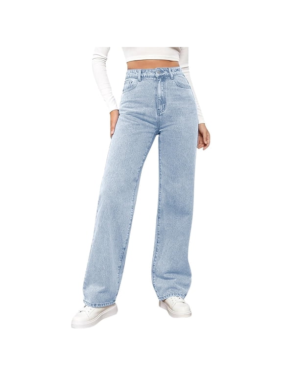 Jeans for Women Plus Size Stretchy High Rise Denim Pants with Slanted Pockets Baggy Comfy Straight Leg Denim Pants for Women