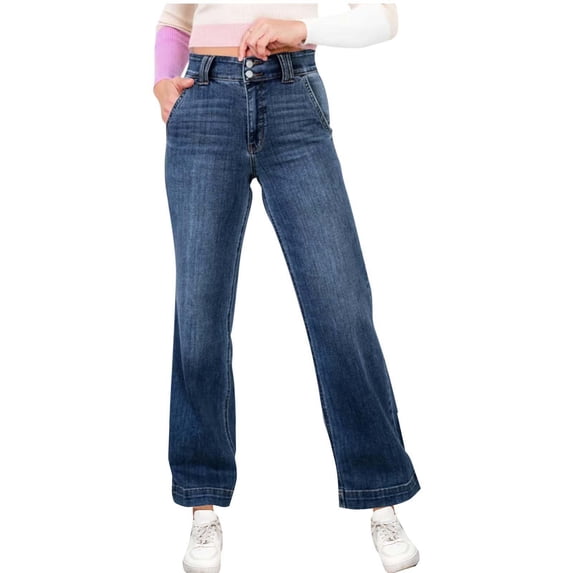 Gytharion Jeans for Women Stretchy High Waisted Cowboy Pants with Slanted Pockets Fashion Casual Baggy Straight Leg Denim Pants
