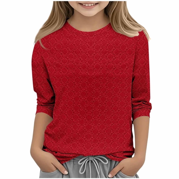 Gytharion Kids 3/4 Sleeve Tops for Girls 3-12 Years, Cute Solid Casual Crew Neck Pullover Shirts Little Girls Spring Loose Comfy Jacquard Blouses