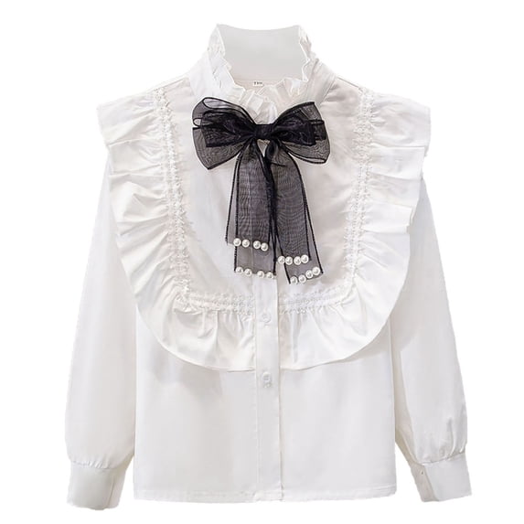 Gytharion Kids Button Down Shirts for Girls 3-14 Years, Elegant Ruffle Lace Trim Collar Dressy Blouse Little Girls White Long Sleeve School Uniform Tops