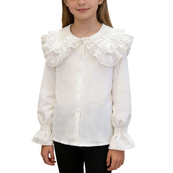Gytharion Kids Button Down Shirts for Girls 3-14 Years, Elegant Ruffle Lace Trim Collar Dressy Blouse Little Girls White Long Sleeve School Uniform Tops