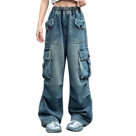 Gytharion Kids Cargo Jeans for Boys Girls 4-15 Years, Fashion Solid Casual Elastic Waist Jeans Lightweight Baggy Outdoor Sport Denim Pants with Multi-Pocket