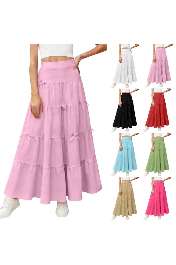 Kids Flowy Skirts for Girls 4-15 Years, Summer Solid A-Line Ruffle Swing Tiered Pleated Long Skirt Teen Girls Cute Bow-Knot Elastic High Waist Boho Maxi Skirts