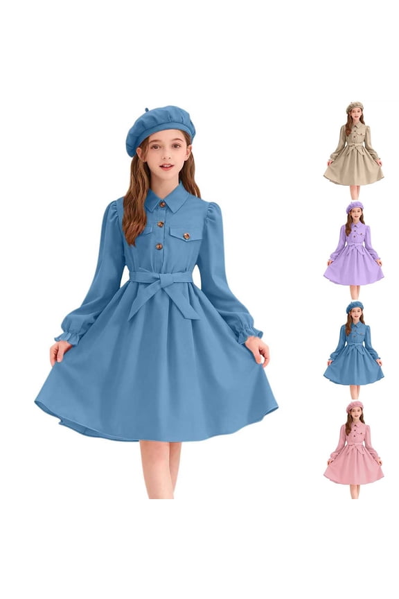 Kids Nautical Sailor Dresses for Girls 8-13 Years, Cute Solid Long Sleeve Lapel Princess Dress with Hat Teen Girls Stylish Flowy A-Line Swing School Uniform Dresses