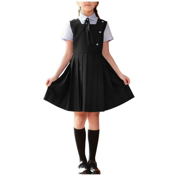 Gytharion Kids School Uniform Jumper Dresses for Girls 3-15 Years, Stylish Short Sleeve Lapel Top Sleeveless Dress with Necktie 3 Piece Sets Teen Girls Flowy A-Line Pleated Knee Length Dresses