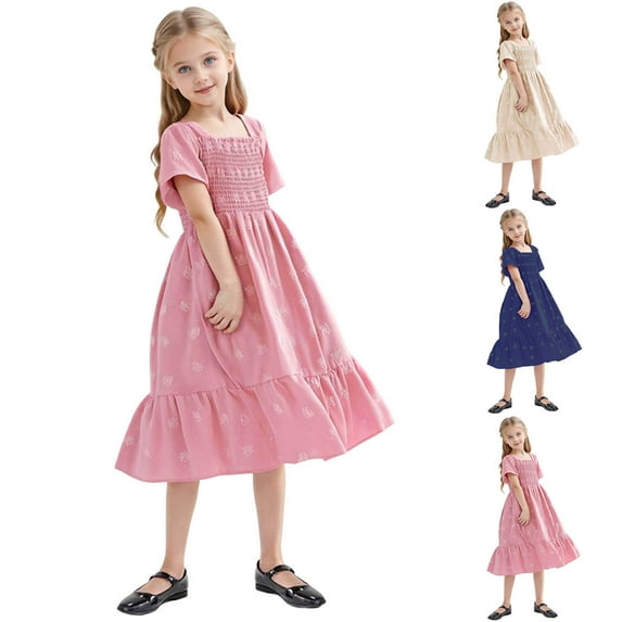 Gytharion Kids Short Sleeve Dresses for Girls 2-13 Years, Summer Solid Casual Square Neck Backless Princess Dress Little Girls Flowy A-Line Ruffle Swing Mid-Length Sundresses
