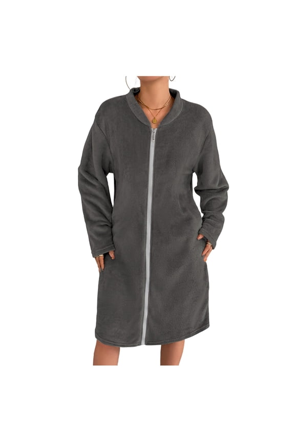 Knee-Length Hooded Robes for Women Soft Comfy Flannel Fleece Bathrobe Solid Casual Full Zip Fuzzy Spa Robe Loose Warm Long Sleeve Plush House Coat
