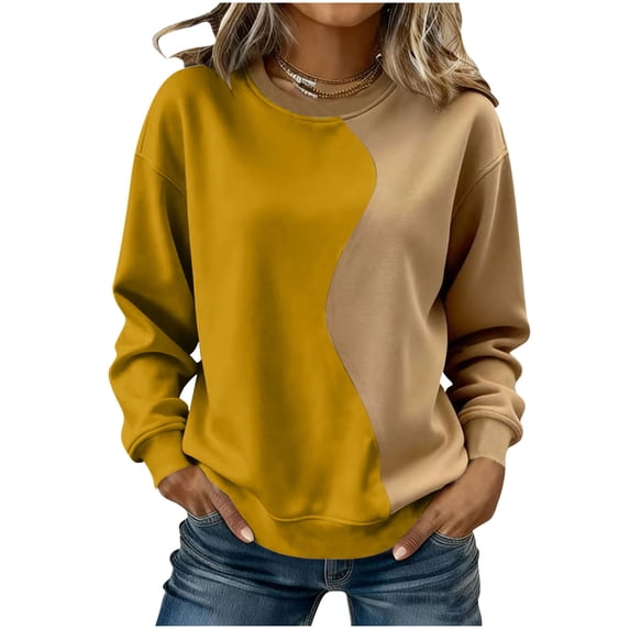 Gytharion Lightweight Sweatshirts for Women Fashion Color Block Crew Neck Pullover Top Loose Comfy Long Sleeve Drop-Shoulder Sweatshirt