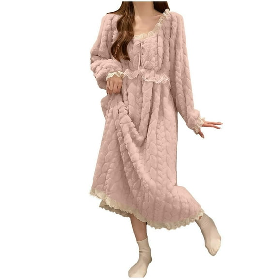 Gytharion Long Flannel Nightgowns for Women Long Sleeve Plush Warm Winter Nightdress Cute Lace Crew Neck Pullover Sleepshirt Soft Cozy Fuzzy Fleece Bathrobe Sleepwear Loungewear