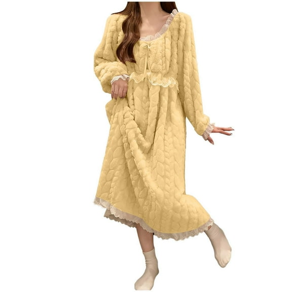 Gytharion Long Flannel Nightgowns for Women Long Sleeve Plush Warm Winter Nightdress Cute Lace Crew Neck Pullover Sleepshirt Soft Cozy Fuzzy Fleece Bathrobe Sleepwear Loungewear