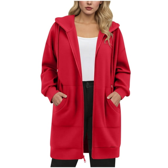 Gytharion Long Hooded Sweatshirts for Women Fashion Solid Casual Full Zip Drawstring Hoodies Fall Loose Cozy Long Sleeve Sweatshirt Coat With Pockets