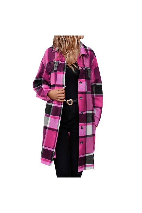Long Shacket Jackets for Women Fashion Plaid Print Button Down Woolen Overcoat Lightweight Loose Long Sleeve Lapel Fall Coat with Pocket