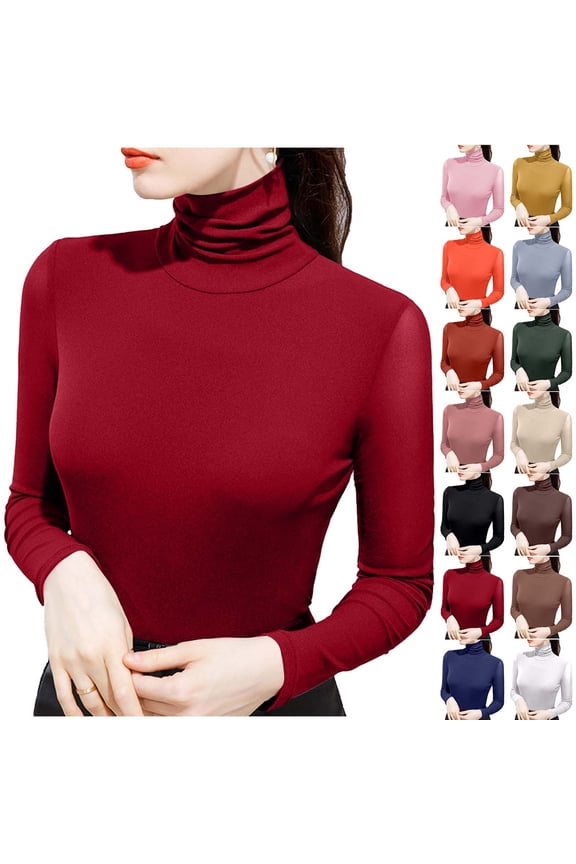 Long Sleeve Shirts for Women Fashion Solid Casual Turtleneck Blouse Fall Soft Comfy Warm Pullover Top Stretchy Slim Fit Basic Shirt