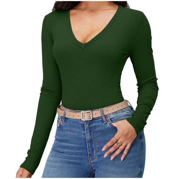 Gytharion Long Sleeve Shirts for Women Soft Comfy V-Neck Pullover Tops Stretchy Slim Fit Basic Blouses Fashion Solid Casual Ribbed Knit Sweaters