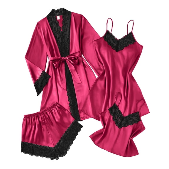 Gytharion Matching Pajama Sets for Women 4PC Silk Loungewear Set Soft Comfy Satin Nightdress Robe Cami Top and Short Pj Sets Lightweight Casual Lace Trim Sleepwear Outfit