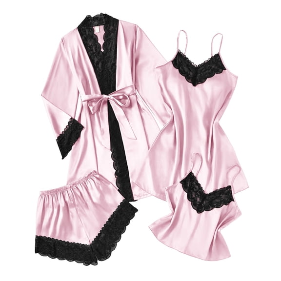 Gytharion Matching Pajama Sets for Women 4PC Silk Loungewear Set Soft Comfy Satin Nightdress Robe Cami Top and Short Pj Sets Lightweight Casual Lace Trim Sleepwear Outfit