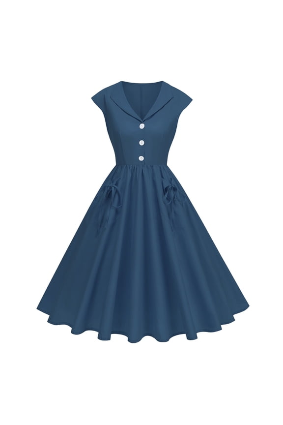 Maxi Sundress for Women Cute Solid Sleeveless Half Button Peter Pan Collar Princess Dress Summer Flowy A-Line Swing Wedding Guest Dress with Pockets