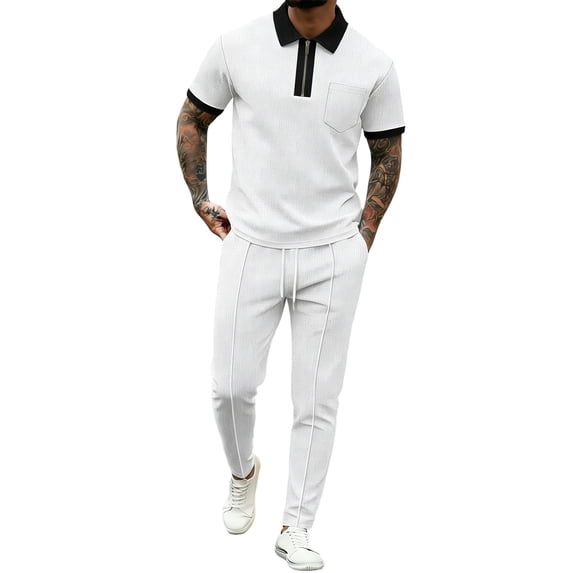 Gytharion Men's 2 Piece Classic Walffe Sets Turn-down Collar Zippered Short Sleeve Tops with Drawstring Long Pants Sets Soild Color Casual Outfits