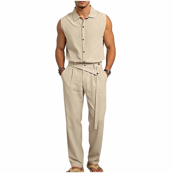 Gytharion Men's 2 Piece Summer Cotton Line Sets Soild Color Lapel Sleevelesss Shirts with Buttoned Long Pants Outfits Casual Holiday Outfits