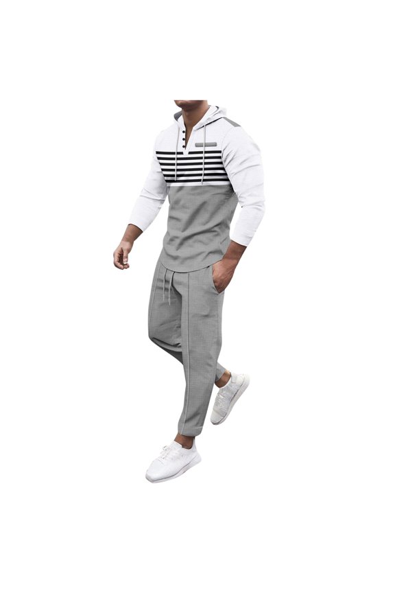 Men's 2PC Big and Tall Waffle Striped Hooded Sweatsuits Urban Street Style Jogging Suits Color-blocking Henley Hoodies with Drawstring Elastic Waist Side Pockets Tapered Joggers Tracksuits