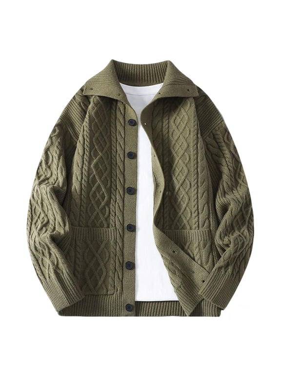 Men's Big and Tall Cable Knit Cardigans Lapel Collar Button Down Solid Color Fashion Classic Cozy Sweaters Stylish Casual Outerwear