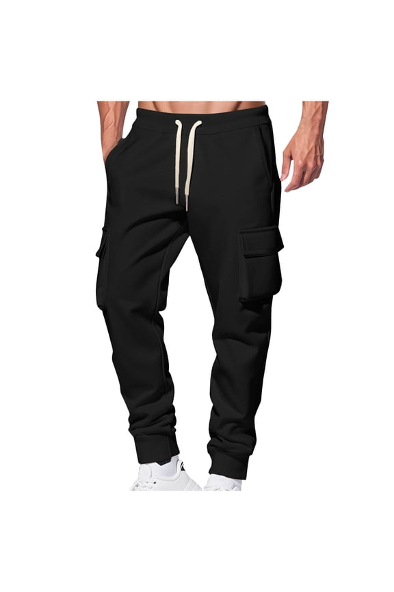 Men's Cargo Sweatpants Fall Winter Thick Fleece Warm Workout Sport Pants Loose Cozy Elastic Waist Cinch Bottom Joggers with Multi-Pockets