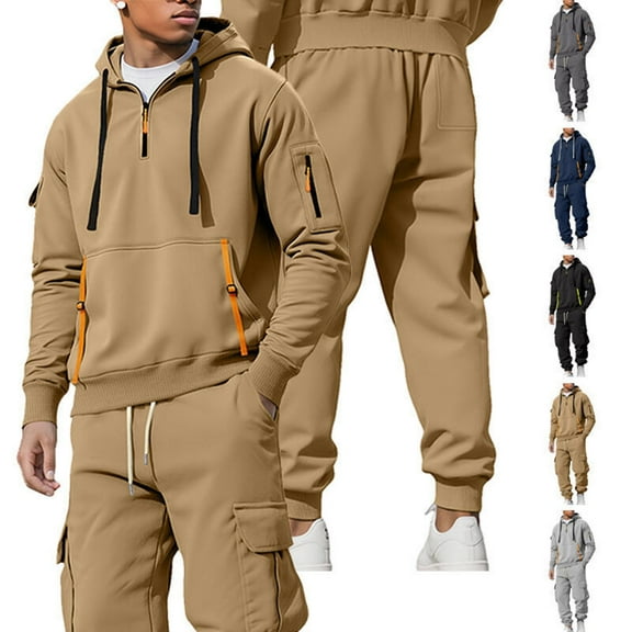Gytharion Men's Cargo Sweatsuits Fashion Long Sleeve Half Zip Hoodie and Jogging Sweatpants 2 Piece Outfits Loose Comfy Multi-Pockets Tracksuit Sets for Men