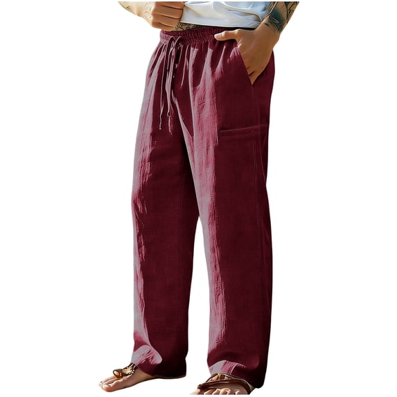Gytharion Men's Cotton Linen Pants Lounge Baggy Solid Color Drawstring Pant Elastic Waisted Comfy Trousers with Pockets