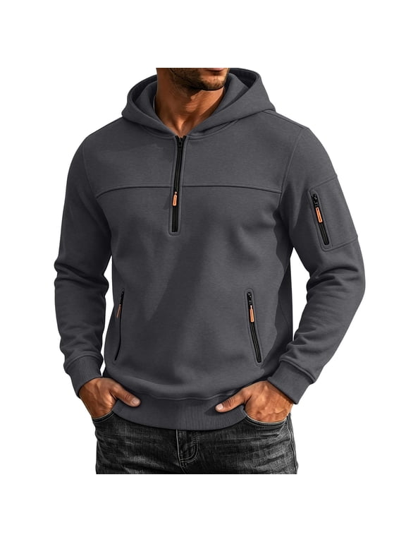 Men's Half-zip Hoodies Zipper Pockets Solid Color Practical Pullovers Winter Warm Classic Pullover Tops