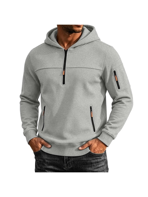 Men's Half-zip Hoodies Zipper Pockets Solid Color Practical Pullovers Winter Warm Classic Pullover Tops