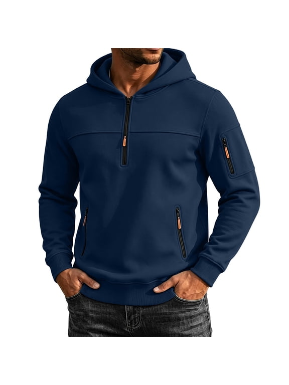Men's Half-zip Hoodies Zipper Pockets Solid Color Practical Pullovers Winter Warm Classic Pullover Tops