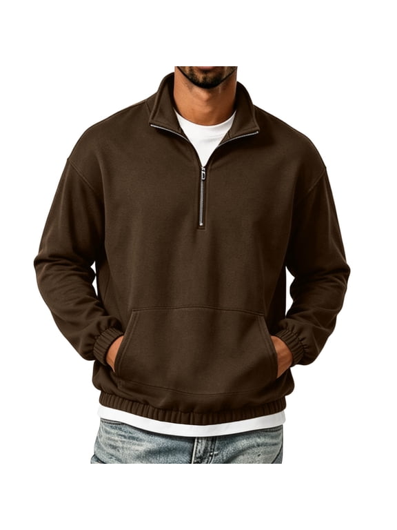 Men's Half-zip Sweatshirts Mock Neck Kangaroo Pockets Solid Color Cozy Pullovers Winter Warm Classic Pullover Tops
