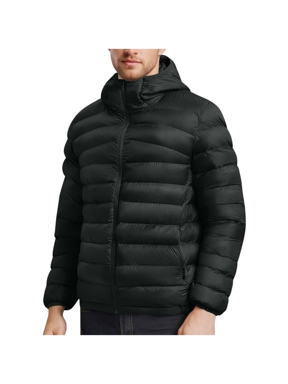 Men's Hooded Puffer Jackets with Storage Bag Loose Warm Packable Winter Coat Lightweight Casual Waterproof Quilted Jacket Trendy Solid Long Sleeve Zip Up Outerwear with Pockets