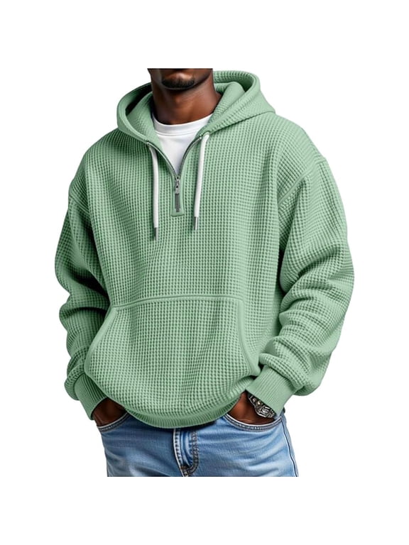 Men's Hooded Sweatshirts Plus Size Lightweight Casual Long Sleeve Drawstring Hoodie Fashion Solid Half-Zip Waffle Shirt Fall Winter Loose Comfy Pullover Top with Pocket