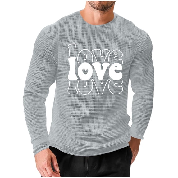 Gytharion Men's Plus Size Valentine's Day Sweatshirts Trendy Heart Print Holiday T-Shirt Lightweight Casual Long Sleeve Waffle Shirt Loose Comfy Round Neck Pullover Tops for Boyfriends