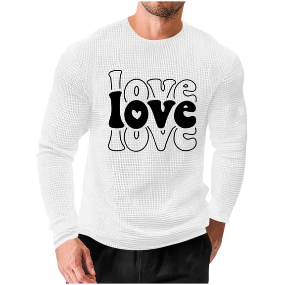 Gytharion Men's Plus Size Valentine's Day Sweatshirts Trendy Heart Print Holiday T-Shirt Lightweight Casual Long Sleeve Waffle Shirt Loose Comfy Round Neck Pullover Tops for Boyfriends