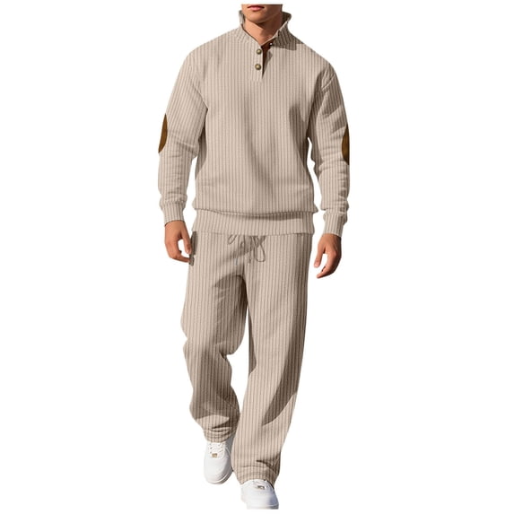 Gytharion Men's Ribbed Knit Sweatsuit 2 Piece Sets Long Sleeve Elbow Pacth Button Stand Collar Sweatshirt and Drawstring Elastic Waist Pants Sets Casual Comfy Tracksuit Sets with Pockets