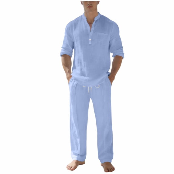 Gytharion Men's Summer Casual 2 Piece Outfits for Vacation Soild Color Stand Collar Long Sleeve Shirts with Drawstring Elastic Waist Long Pants Outfits Cotton and Linen Lightweight Sets