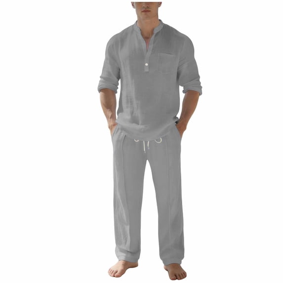 Gytharion Men's Summer Casual 2 Piece Outfits for Vacation Soild Color Stand Collar Long Sleeve Shirts with Drawstring Elastic Waist Long Pants Outfits Cotton and Linen Lightweight Sets