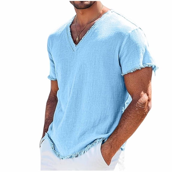 Gytharion Men's V Neck T-shirts Soild Color Casual Cotton and Linen Short Sleeve Shirts Fashion Vintage Tops