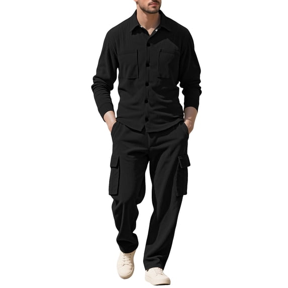 Gytharion Mens 2 Piece Sweatsuit Sets Solid Casual Button Down Lapel Cardigan Top and Cargo Pants Sets Loose Comfy Long Sleeve Corduroy Track Suits with Multi Pockets