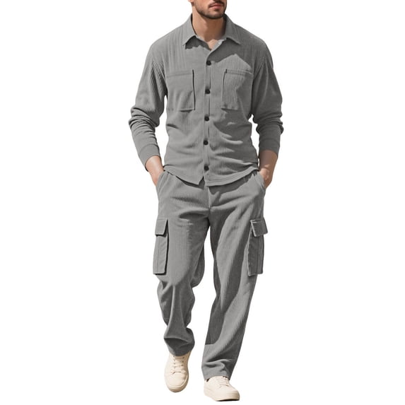 Gytharion Mens 2 Piece Sweatsuit Sets Solid Casual Button Down Lapel Cardigan Top and Cargo Pants Sets Loose Comfy Long Sleeve Corduroy Track Suits with Multi Pockets