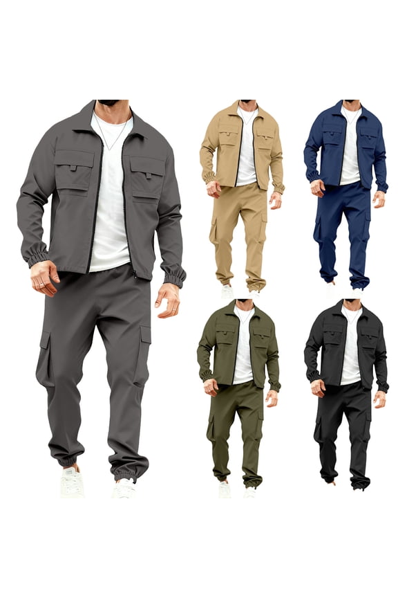 Mens Cargo Sweatsuits 2 Piece Spring Outfits Lightweight Casual Zipper Lapel Sports Jacket and Joggers Tracksuits Set Fashion Solid Multi-Pocket Sweat Suits for Outdoor Hiking Travel